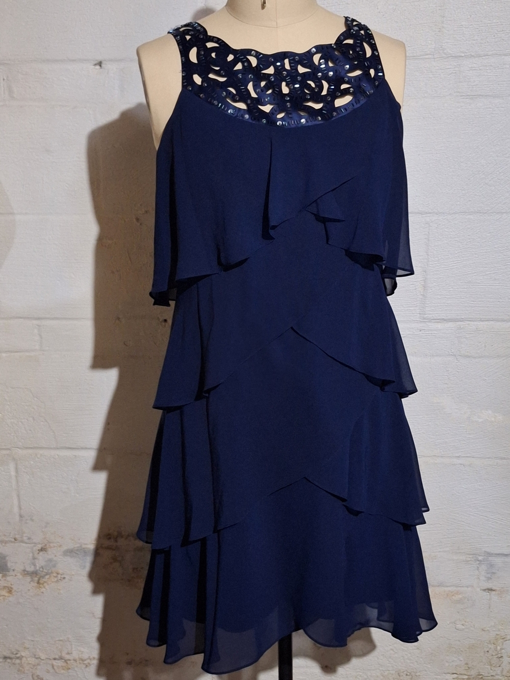 S.L. Fashions Navy Tiered Ruffle Mini Dress with Cutout Neck